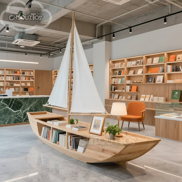 Chiquiotos Wooden Nautical Sailboat Bookcase Boat-Shaped Bookshelf for Library Preschool Reading Area Home Decor Custom Shelves