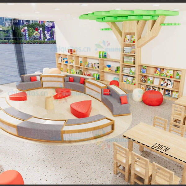 Chiquitos Customized Wooden Kids Library Furniture Reading Area with Bookshelves and Seating