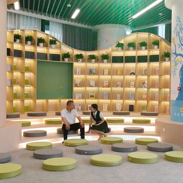 Chiquitos Modern Library Furniture for Kids Reading Area Customized Wooden Bookshelves and Cushions for Kindergarten and Schools
