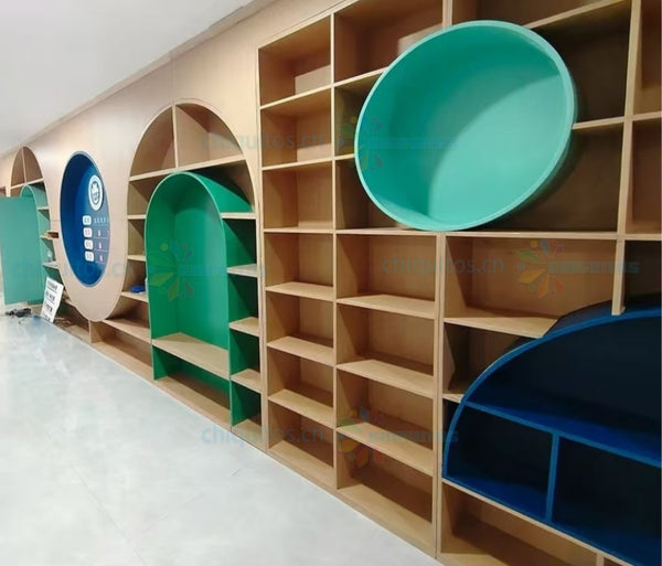 Chiquitos Custom Wooden Modular Bookshelf System with Playful Arch and Circular Designs for Kids Spaces