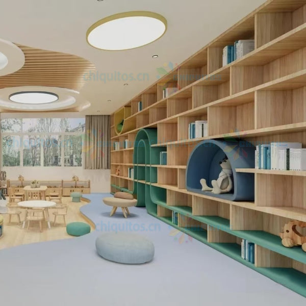 Chiquitos Modern Wooden Kids Library Furniture Set with Curved Bookshelves and Reading Area