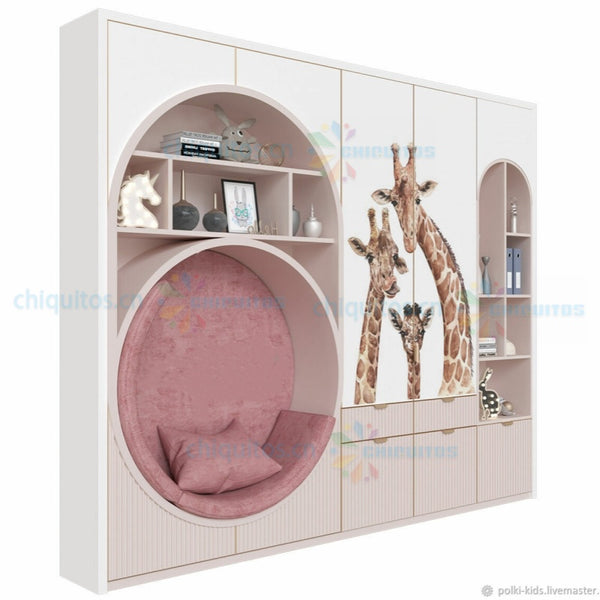 Chiquitos Modern Kids Bedroom Wall Storage Unit with Giraffe Print and Cozy Reading Nook