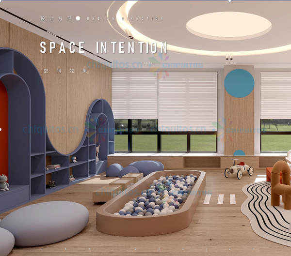 Chiquitos Children’s Indoor Play Area Furniture - Modern Ball Pit with Soft Seating and Wooden Bookshelves, Montessori-Inspired Design for Kindergarten and Playroom