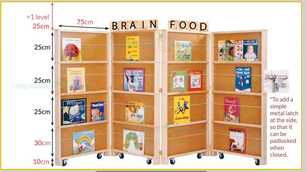 Chiquitos Mobile Foldable Wooden Book Display Stand on Wheels for Library and Classroom Storage Durable Multi-level Bookshelf