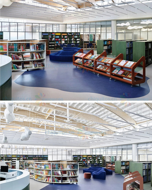 Chiquiots Modern Wooden Library Bookshelf with Integrated Seating | Customizable Wooden Book Rack for Study & Public Spaces