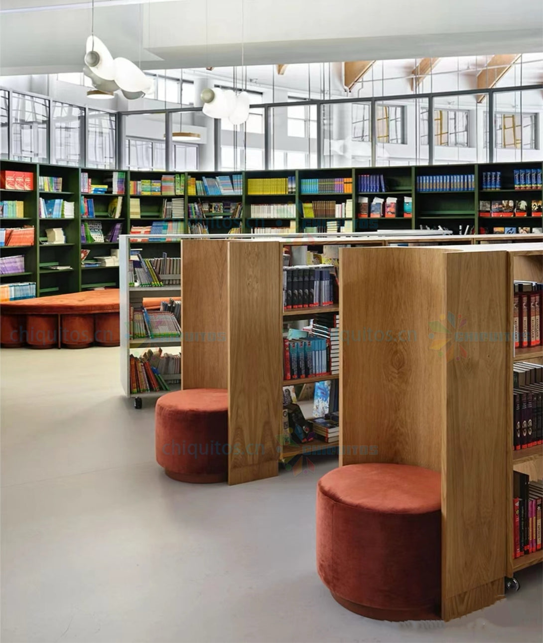 Integrated Library Seating Chiquiots Modern Wooden Library Bookshelf with Integrated Seating | Cu ...