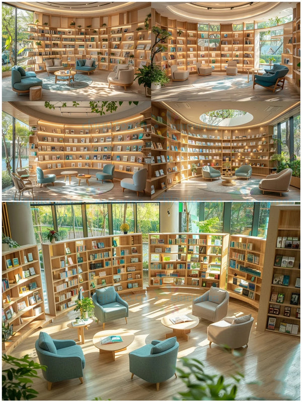 Chiquitos Modern Minimalist Wood Bookshelf Lounge Furniture Set for Reading Room Library Public Space Green Design with Comfortable Chairs