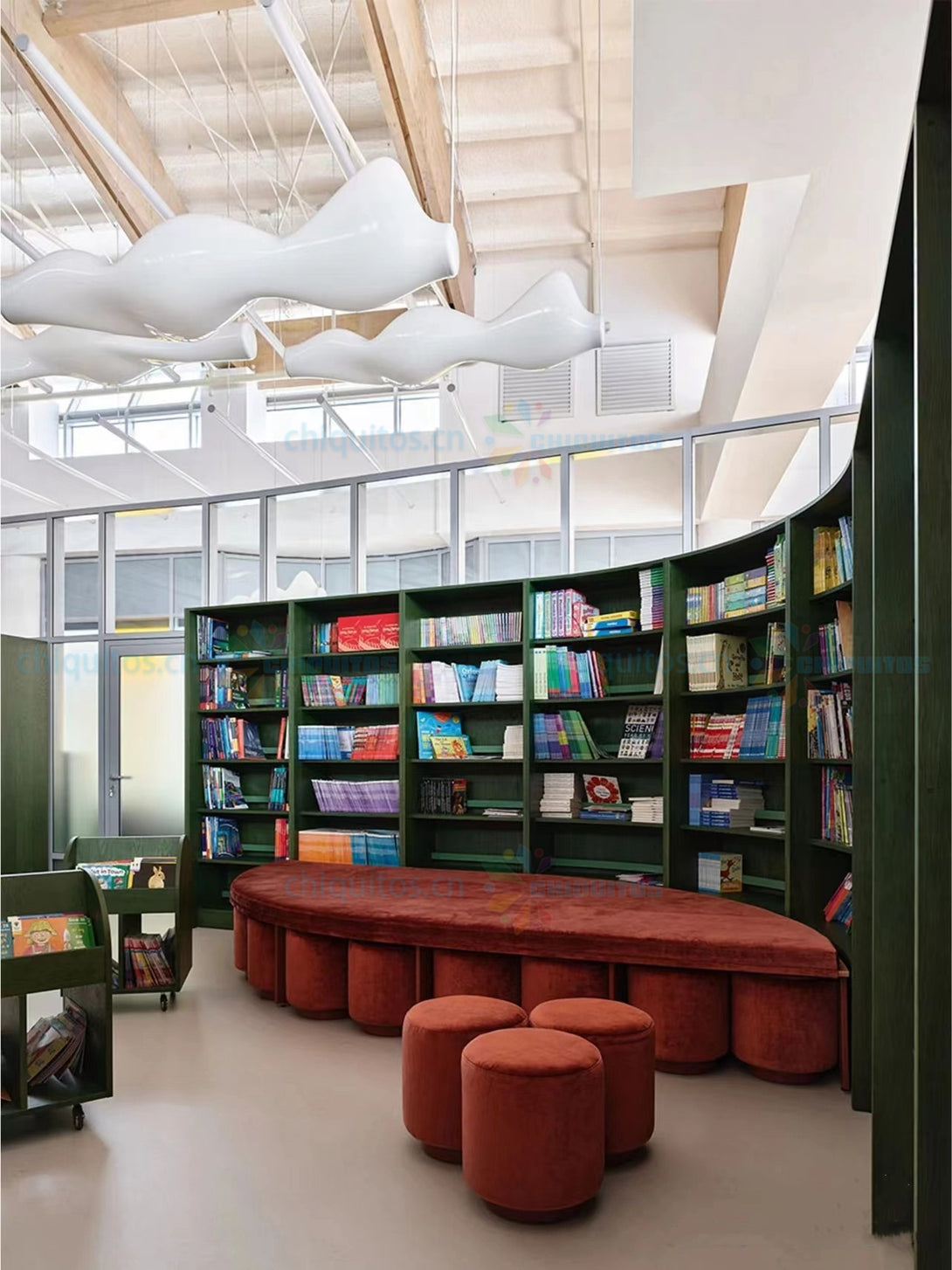 Integrated Library Seating Chiquiots Modern Wooden Library Bookshelf with Integrated Seating | Cu ...