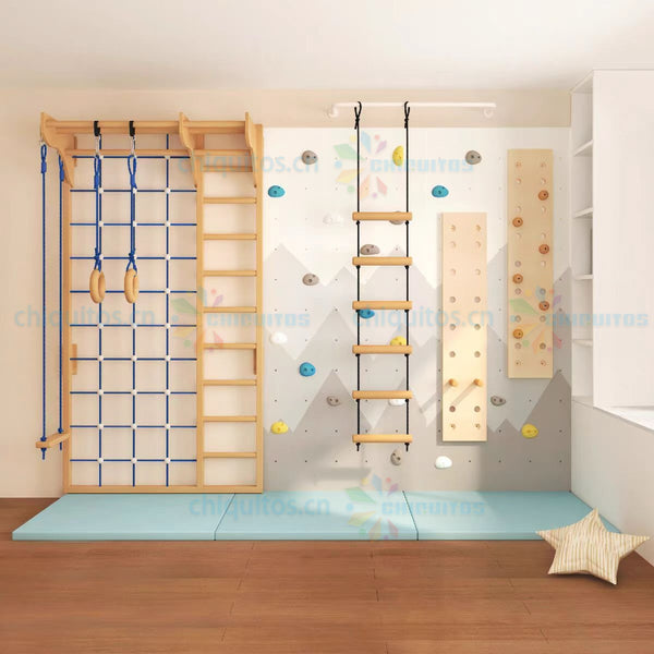 Chiquitos Indoor Climbing Wall and Wooden Ladder Playset for Kids Home Gym Multifunctional Playground with Rope Net and Peg Board