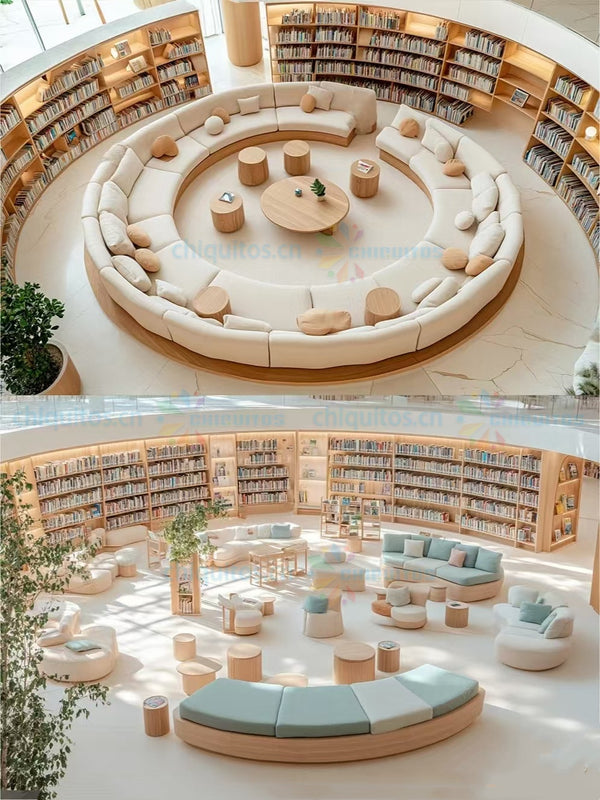 Chiquitos Modern Library Furniture Set - Circular Lounge Seating with Wooden Bookshelves and Tables, Comfortable Sofa Set for Reading Corners and Public Spaces