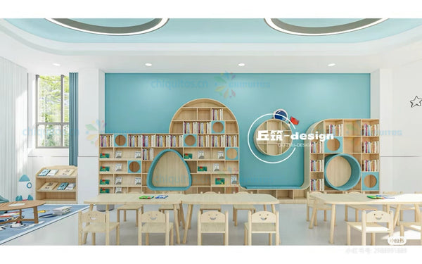 Chiquitos Children’s Reading Corner Furniture Set - Modern Wooden Bookshelf and Table Set for Kindergarten or Library, Space-Saving Book Display with Cute Chairs