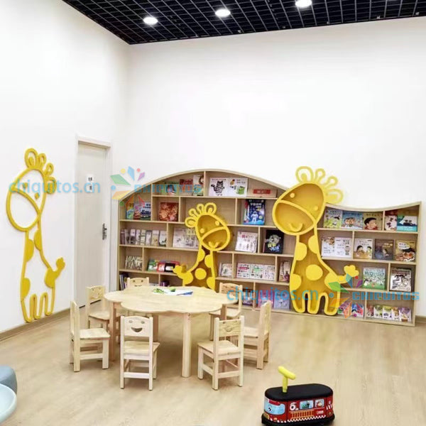 Chiquitos Wooden giraffe design reading nook area Kids Library Furniture Set Bookshelves for home daycare preschool kindergarten