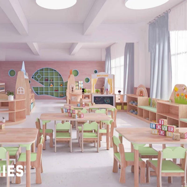 Chiquitos solid wood children wooden furniture cabinet high quality wooden nursery school table and chair kindergarten supplie