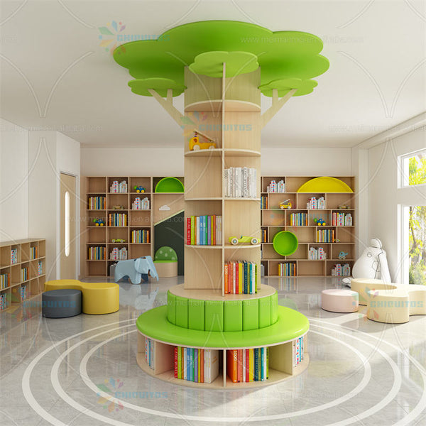 Chiquitos Library Kindergarten Creative Tree Shaped Floor Decoration Wooden Kid Bookshelf And Daycare Montessori Furniture Set