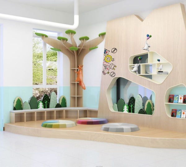Chiquitos library reading Kindergarten environmental design wooden tree bookshelf with floor sitting stool tree display shelf