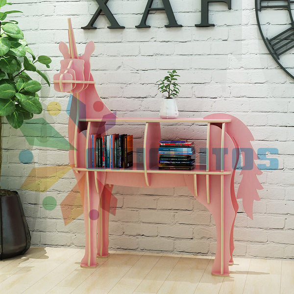 Manufacturer Wholesale Nordic Style Unicorn Shape Wooden Corner Bookcase For Displaying Your Books