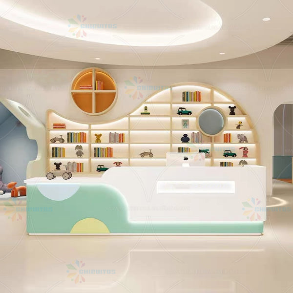Chiquitos kids bookshelfs wooden cabinet for store Reception desk background Fish shape kids library Interior Design furniture