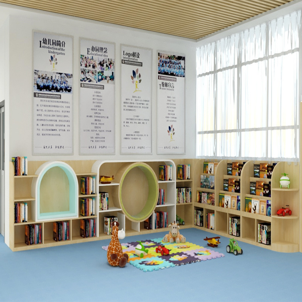 Chiquitos Customized Children's Furniture Corner Wall Bookcase Reading room corner Wooden kids bookshelf for kindergarten school
