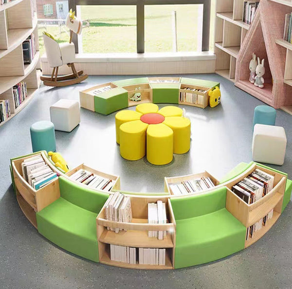 Chiquitos Customized Early Education Kindergarten Curv Bench Bookshelf Hall Reading Room Combination Sofa kids library decorate