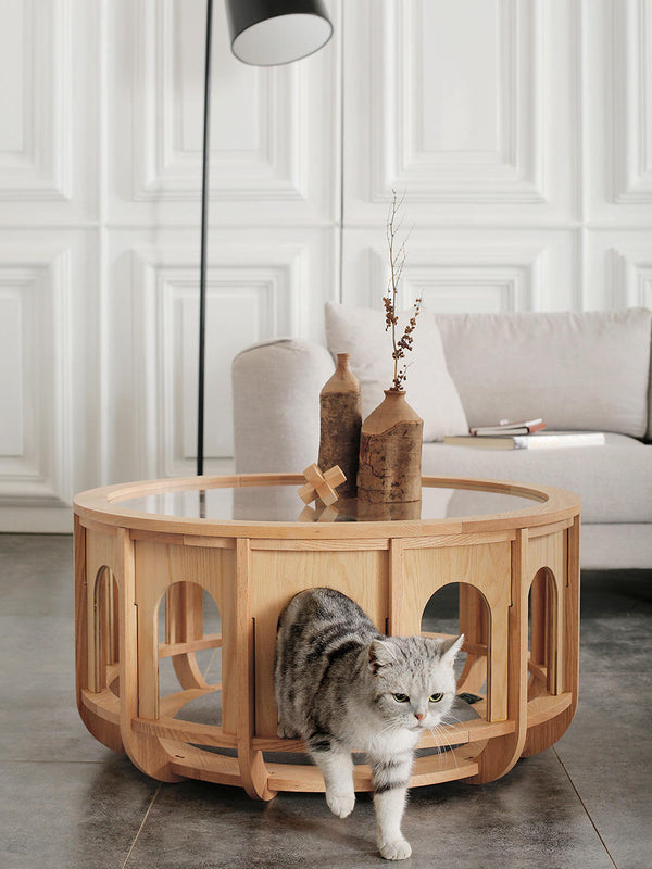 Chiquitos Creative Round Coffee Tea Table with solid wood circular tempered glass tabletop for household and pet paly