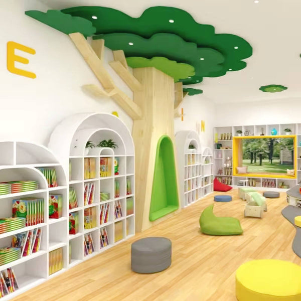 Chiquitos Australia Hot Sale Kids Library Furniture 1/2 Half Wooden Reading Bench Tree Shaped Bookshelf library decoration