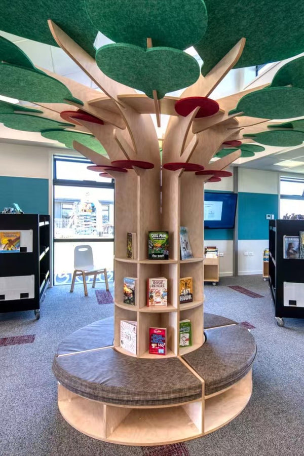 Chiquitos Hot Sale Kid Library Montessori Furniture library decoration Wood Reading Bench corner Tree Shape Bookshelf